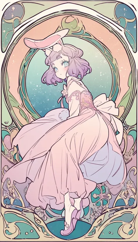 Art Nouveau, pastel colour, High angle full body shot,Bunny girl、Bend down and look in、 Expressive girls、Confused eyes、Cute Makeup、Long delicate eyelashes、Thick eyebrows, Inner Color