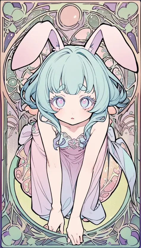 Art Nouveau, pastel colour, High angle full body shot,Bunny girl、Bend down and look in、 Expressive girls、Confused eyes、Cute Makeup、Long delicate eyelashes、Thick eyebrows, Inner Color