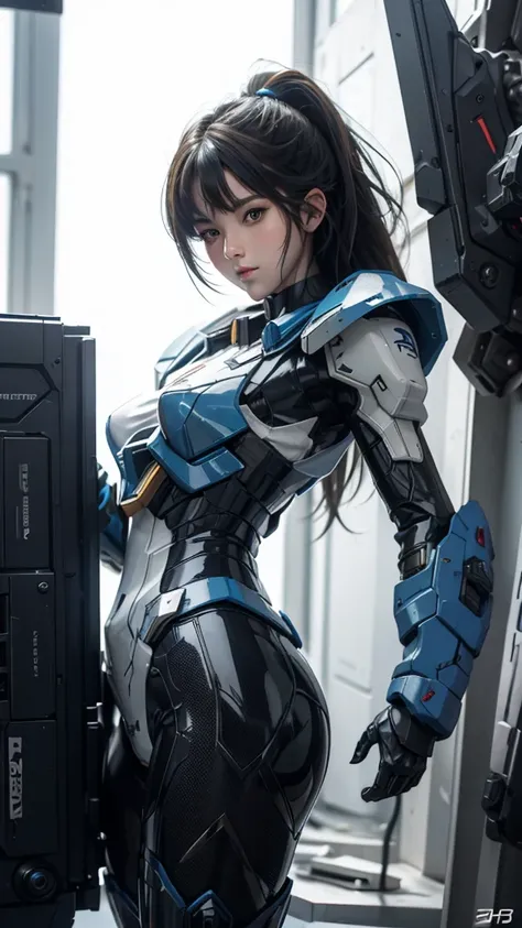 Textured skin, Super Detail, high details,  Best Quality, hight resolution, 1080p, hard disk, a beauty,She wears a futuristic Gundam mecha,(Gundam Girl),Fulll body Shot