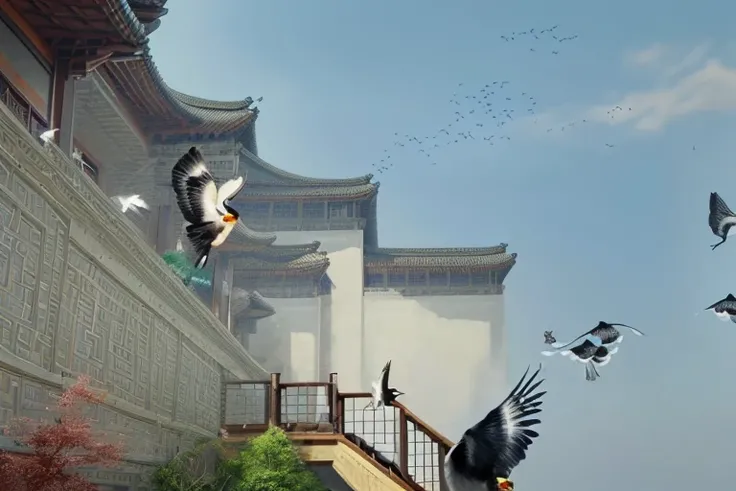 This is a freehand painting in the style of Wang Xuetao，high quality，Ultra Detail，masterpiece，Big scene，Exterior，8k，There are birds flying in the sky