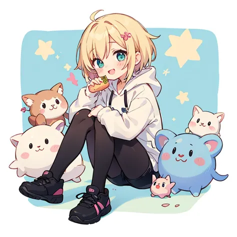 Momoko Sakura style, Kawaii Design, 、The most beautiful girl of all time、Little, Blonde Hair、Short Mash Hair、The front hair is even、Turquoise Eyes、White hoodie、Black hot pants、Black sneakers、He has food stuffed in his cheeks and looks happy.、breast enhance...