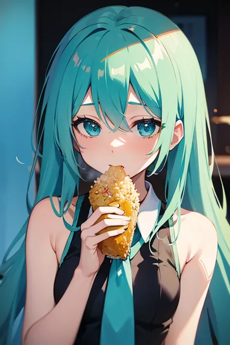 Hatsune Miku eating frozen fried rice while still frozen