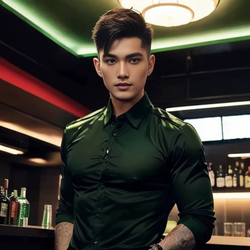 araffe man in a Green Shirt standing in a bar, Green Shirt, Handsome Chad Chin, In a dark green polo shirt., Handsome and charming, handsome man, Asian man, attractive man, charming man, Wear green clothes., handsome man, Damian Tran, The shirt is tight., ...