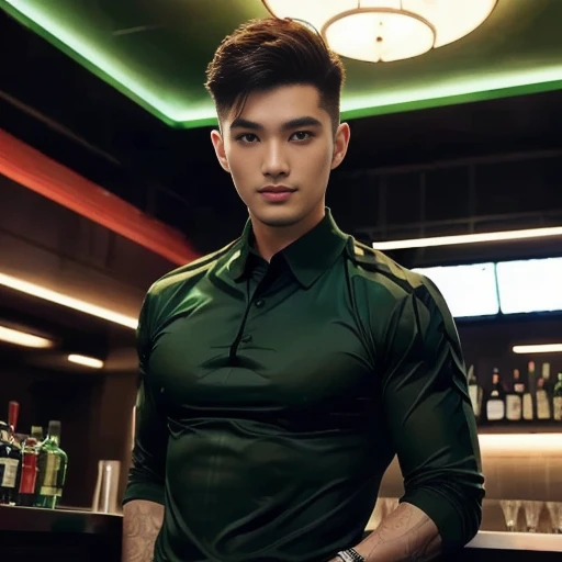 araffe man in a Green Shirt standing in a bar, Green Shirt, Handsome Chad Chin, In a dark green polo shirt., Handsome and charming, handsome man, Asian man, attractive man, charming man, Wear green clothes., handsome man, Damian Tran, The shirt is tight., ...