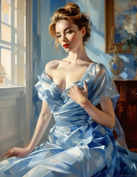 A snowy, whimsical fantasy scene with Focus on the models sensual curves and the interplay of light and shadow, creating an atmosphere of mystery and desire. The image is primarily composed of white, baby blue, and royal blue colors. The artwork is created...