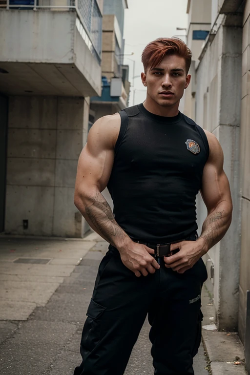 ((best quality)), ((masterpiece)), (detailed), perfect face, attractive man, 20 years old, short red hair, cute jock, full body, bodybuilder, aggressive aura, angry policeman, threatening, fully clothed in police attire