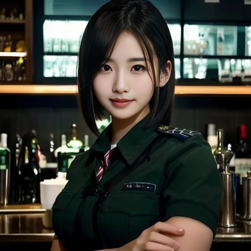 A woman in uniform stands in front of the bar., girl wearing uniform, military girl, ( Waiter ) girl, chinese girl, have short hair, Japanese model, attractive girl, korean girl, anime thai girl, wear restaurant uniform rr, anime girl in real life, Yanjun ...