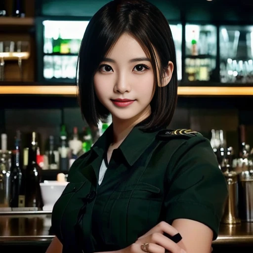 A woman in uniform stands in front of the bar., girl wearing uniform, military girl, ( Waiter ) girl, chinese girl, have short hair, Japanese model, attractive girl, korean girl, anime thai girl, wear restaurant uniform rr, anime girl in real life, Yanjun ...