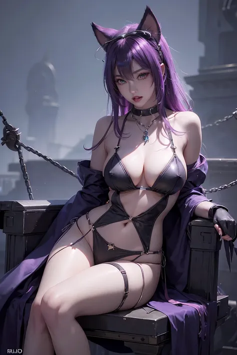 1 girl, Beautiful photorealistic Prestige KDA all out Ahri from League of Legends blushing, string bikini armor, Shibari, blindfold, electric chair, major cleavage, breast indentation, Ahri inside a Runeterra prison, slave collar, chain around her neck, ro...