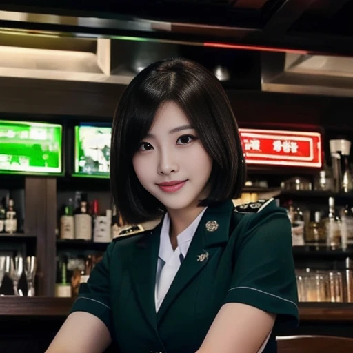 A woman in uniform stands in front of the bar., girl wearing uniform, military girl, ( Waiter ) girl, chinese girl, have short hair, Japanese model, attractive girl, korean girl, anime thai girl, wear restaurant uniform rr, anime girl in real life, Yanjun ...