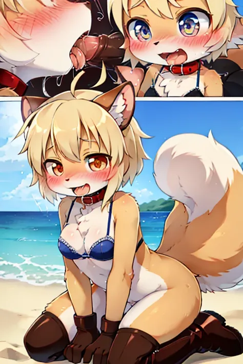 2boys, squirrel, furry, bodyfur, tail, collar, bra, bottomless, gloves, boots, chibi, sparkling eyes, source_anime, 4koma, multiple views, comicinterracial, kneeling, fellatio, oral, penis size difference, height difference, age difference, , small penis, ...