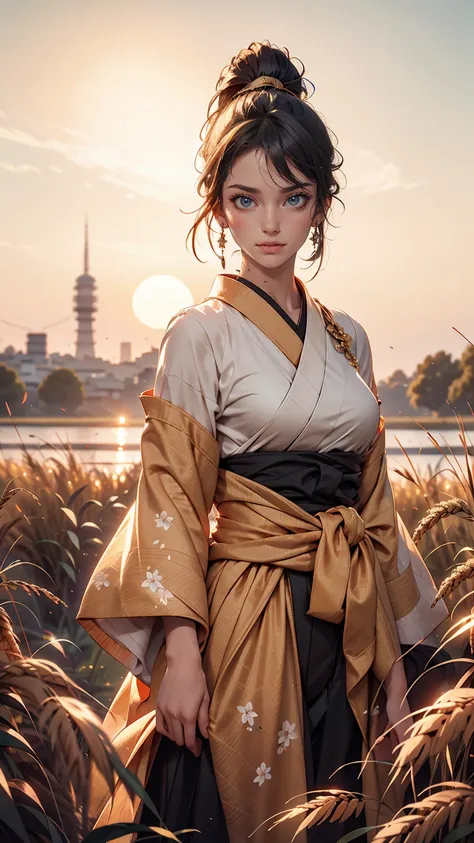 a girl in a kimono stands expressionless in a wheat field up to her waist, black kimono with gold rimming, her hair is tied in a...