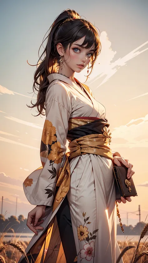 a girl in a kimono stands expressionless in a wheat field up to her waist, black kimono with gold rimming, her hair is tied in a...