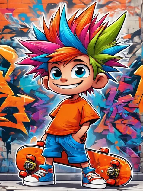 A cartoon doodle character，Vector illustratioughty little boy，With spiky, brightly colored hair，Unique and wild style，Its easy to identify，Wearing orange T-shirt、Blue shorts and red shoes, He often has a mischievous smile，and stir up trouble in his nameles...