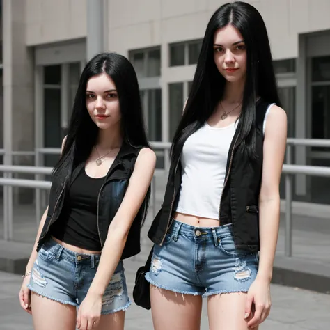 Girl with long black hair, in a black and white sleeveless vest,in denim shorts