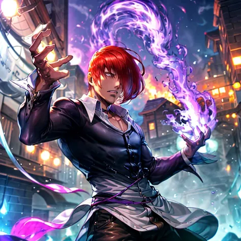 one boy,hair on one eye,redhead,short hair,purple flame,playing the bass,fantasy world,isekai,live house,