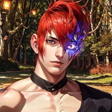 Iorikov,One boy,Hair on one eye,Redhead,short hair,Purple Fire,Fantasy World,isekai,forest,