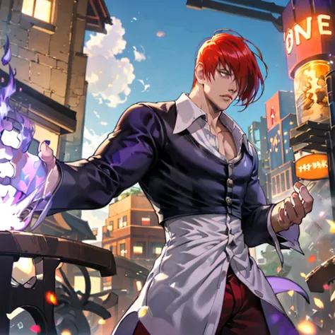 one boy,hair on one eye,redhead,short hair,purple flame,fantasy world,isekai,new york street,