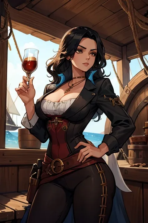 a black haired woman with brown eyes with an hourglass figure in a pirate's outfit is holding a necklace in the cabin  of a pira...