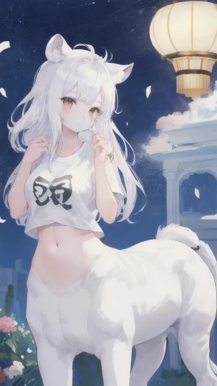 (best quality, masterpiece), 1 girl, centaur, It takes,White skin, belly button t-shirt, 아름다운 소녀 perfect white tiger photo, perfect white tiger photo