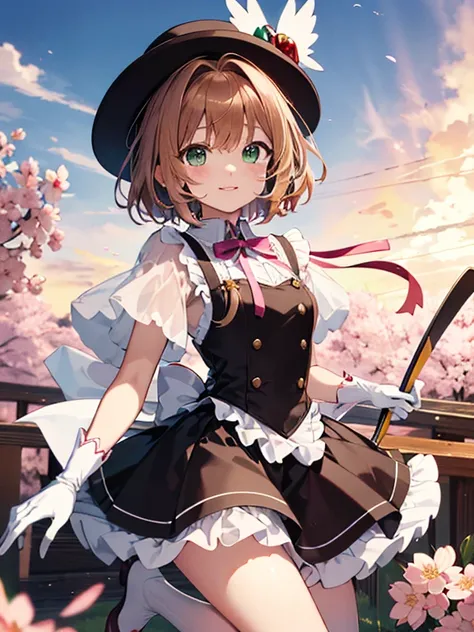 ((highest quality)), High resolution, (Card Captor Sakura), ((kinomoto sakura)), brown hair, short hair, beautiful feet, Bewitching, antenna hair, pink hat, green eyes, Striped ribbon, white gloves, ((masterpiece)), UHD, retina, masterpiece, accurate, anat...