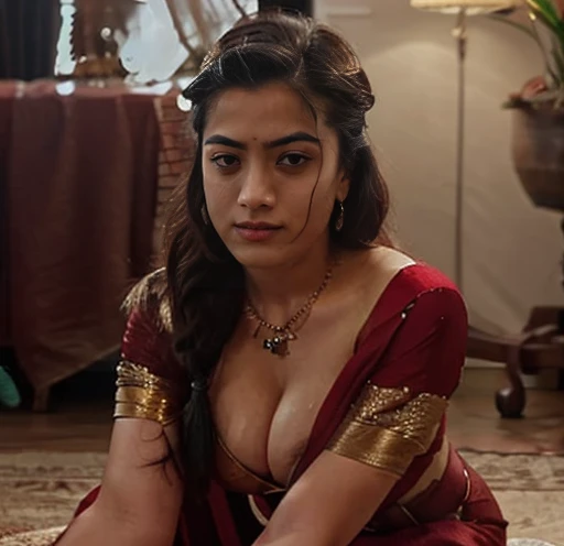 A very close picture of Indian, winding, hourglass figure, massive Breasts swoop, no bra, visible nipples, bend down and hanging breasts, Shows deep cleavage, Kneeling in ceremonies, French braid hair, necklace, Sexy maroon saree and not wearing bra, Sultr...