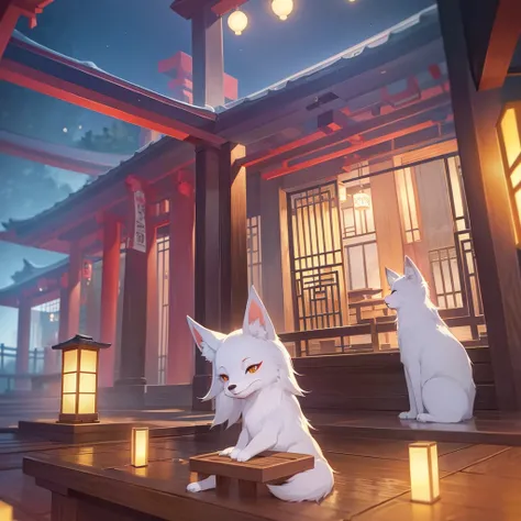 fox, no human, fox focus, japanese temple, temple, happy, glad, Japanese style room, Heartwarming Scene, at night, cute, UwU, beautiful, hazy atmosphere, reflective atmosphere, dreamy atmosphere, mystical atmosphere, mysterious atmosphere, calm atmosphere,...