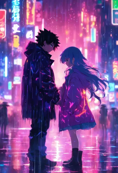 A cinematic scene of a couple standing close together under the rain at night in a neon-lit city. The couple is in a tender moment, with their foreheads touching and their eyes closed. The background shows blurred city lights and wet streets reflecting the...