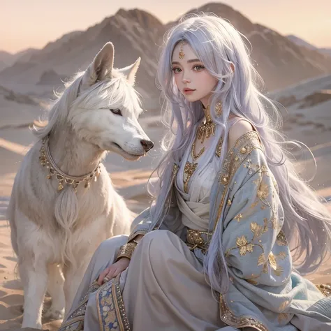 (highest quality、masterpiece、8k、Best image quality、Ultra-high resolution、Award-winning works)、A beautiful white-haired woman watches over us from afar in the desert..., Where the moonlight shines.、Ancient Islamic clothing、Beautiful face drawn in every deta...