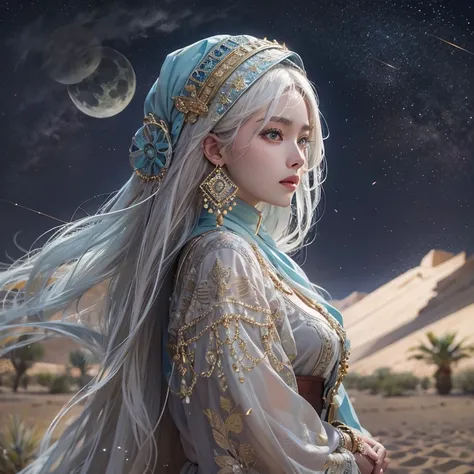 (highest quality、masterpiece、8k、Best image quality、Ultra-high resolution、Award-winning works)、A beautiful white-haired woman watches over us from afar in the desert., Where the moonlight shines.、Ancient Islamic clothing、Beautiful face drawn in every detail