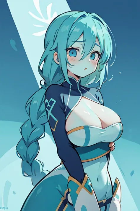 aqua-colored hair, blue eyes, bored expression, adult, big breasts, long braid, blue skin