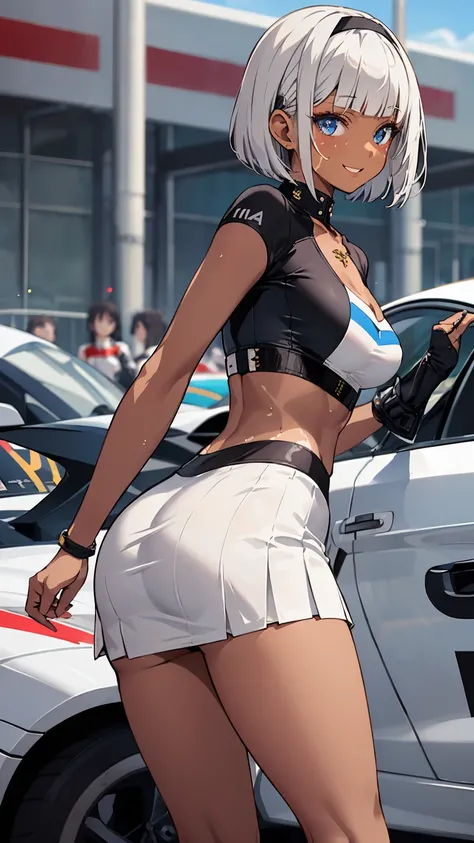 One Girl、Beautiful silver hair、((((Very short hair))))、blue eyes、(hair band)、(((Blunt bangs))), Monte Carlo Street Circuit, Racing Car, Racing Bike, Promotion Girl, Grid Girls, The promotional costumes are exquisitely tailored., paying meticulous attention...