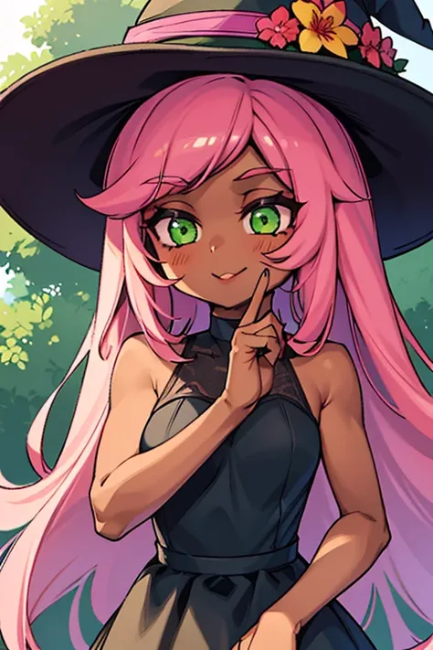 a girl with brown skin, pink hair, green eyes, wearing a shiny black dress, with a witchs hat, making an ok gesture with her hand, the environment around her completely full of flowers.