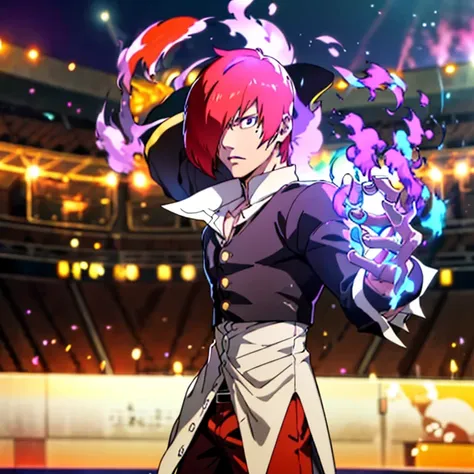 one boy,hair on one eye,redhead,short hair,purple flame,fantasy world,isekai,fighting an opponent in the arena