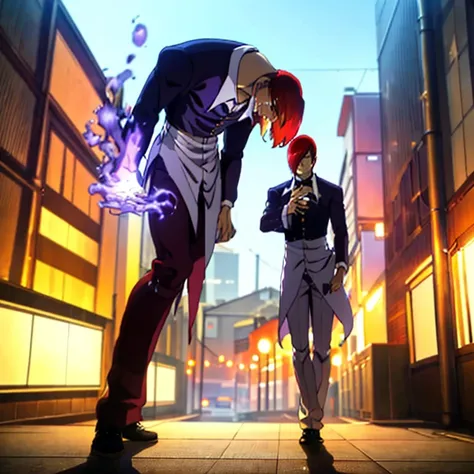 one boy,hair on one eye,redhead,short hair,purple flame,fantasy world,isekai,walking the streets of osaka