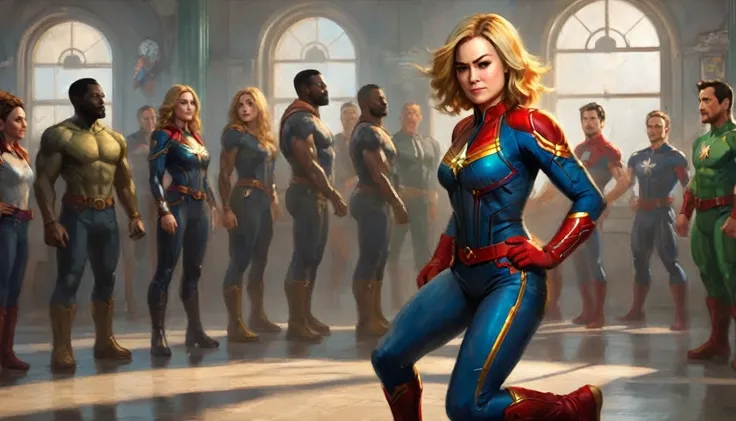 Captain Marvel is bent over and a magic clock is next to her, She has her back to the viewer, several superheroes laughing around you, Corpo inteirsexy o mostrado, realistic 3d comic scene 
