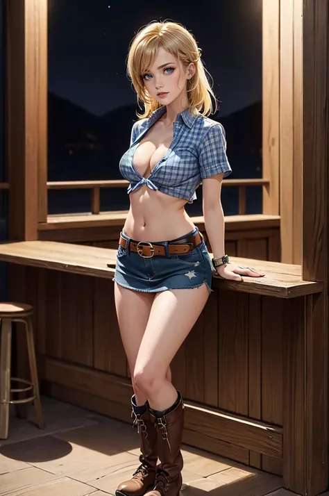 (((1 person:2.0))),(((Cowgirl Costume))),(((Denim mini skirt:1.2))),(((wear a leather belt))),(((Tight short sleeves, Checked shirt.))),((Wearing a watch))),(((Ultra short boots))),(((Showing cleavage))),(((Exposed thin inner thighs))),(((Small breasts:1.5...