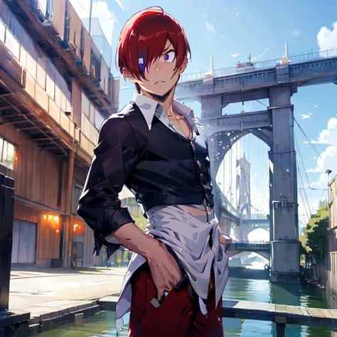 sharp eye,one boy,hair on one eye,redhead,short hair,purple flame,fantasy world,isekai,standing poised with the bay bridge in th...