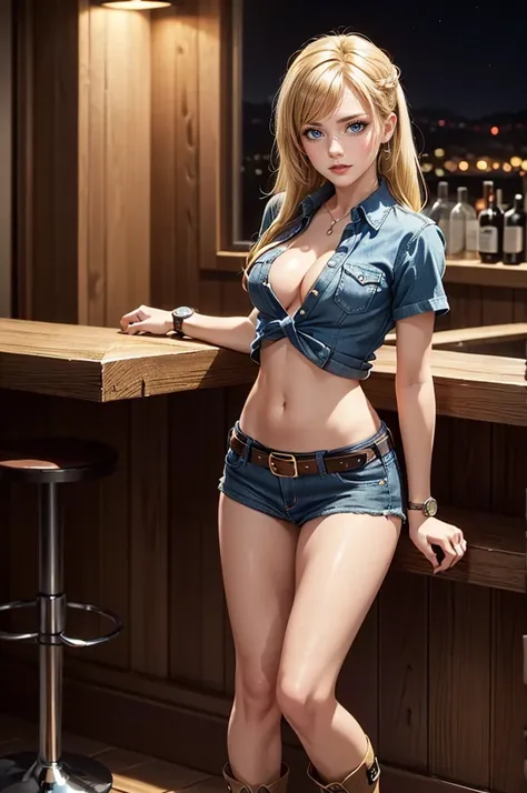 (((1 person:2.0))),(((Cowgirl Costume))),(((Denim mini skirt:1.2))),(((wear a leather belt))),(((Tight short sleeves, Checked shirt.))),((Wearing a watch))),(((Ultra short boots))),(((Showing cleavage))),(((Exposed thin inner thighs))),(((Small breasts:1.5...