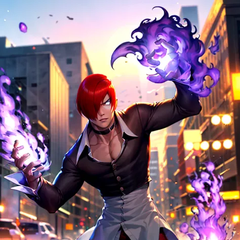 sharp eye,one boy,hair on one eye,redhead,short hair,purple flame,fantasy world,isekai,posing in new york city