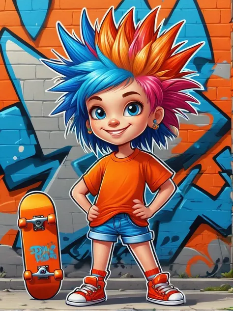 A cartoon doodle character，Vector illustration，A sweet and lovely little girl，With spiky, brightly colored hair，Unique and wild style，Wearing orange T-shirt，Blue shorts and red shoes, She often has a mischievous smile，And stir up trouble in the nameless to...