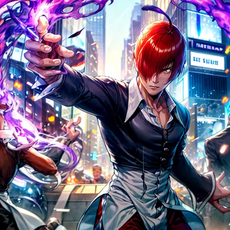 sharp eye,one boy,hair on one eye,redhead,short hair,purple flame,fantasy world,isekai,running through new york city