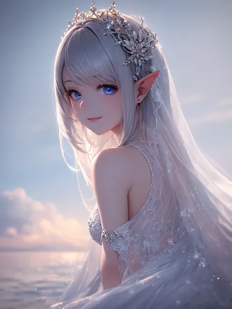 (master piece),(4k),high quality,(small breasts),1girl,elf,long silver hair,pale skin,smile,beautiful detailed blue eyes, (Highly detailed elegant),(multilayered outfit), Magical colors and atmosphere, Detailed skin,The background is soft and blurry,Add a ...