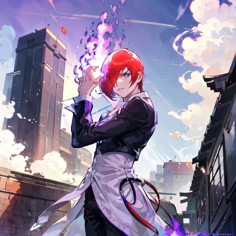 sharp eye,one boy,hair on one eye,redhead,short hair,purple flame,fantasy world,isekai,looking at the sky from the rooftop of a ...