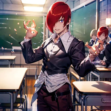 Sharp Eye,One boy,Hair on one eye,Redhead,short hair,Purple Flame,Fantasy World,isekai,Talking with friends in the classroom