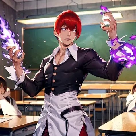 Sharp Eye,One boy,Hair on one eye,Redhead,short hair,Purple Flame,Fantasy World,isekai,Talking with friends in the classroom