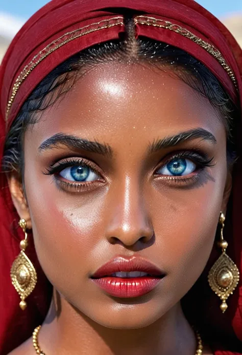 (muste piece, highest quality)((8k)),full body,super detailed,arab girl ,blue eyes ,photorealistic,dark bronze shiny skin,beautiful female mode,Black woman in red clothes from biblical times, blue eyes, in pamukkale,horny, (shiny skin), she is wet and inti...