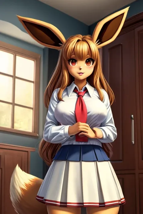 ((best quality)), ((masterpiece)), (detailed), perfect face, Eevee, standing, very fluffy, college uniform, breasts,