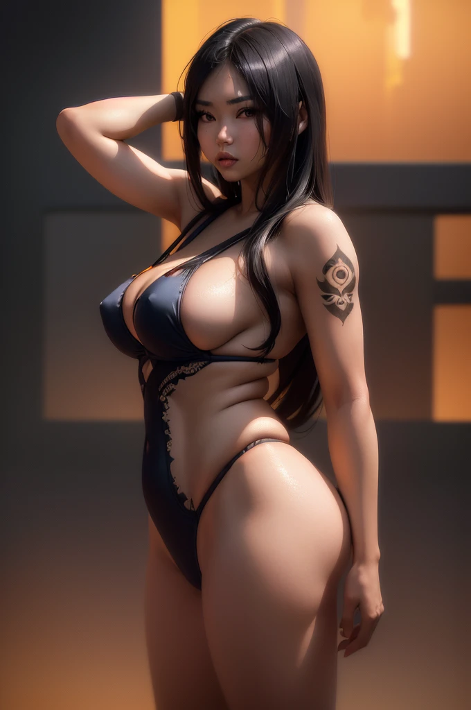 a sexy asian woman, 1woman, bikini, athletic, big posterior, long hair, intricate hairstyle, henna calligraphy tattoo on back, holding hair up, (best quality,4k,8k,highres,masterpiece:1.2),ultra-detailed,(realistic,photorealistic,photo-realistic:1.37),HDR,...