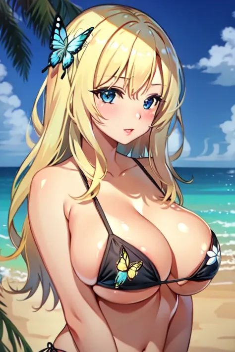 Seina Kashiwazaki, 1girl in, a blond, Gentle LCD, butterfly hair ornament, (huge breast), pelada, (upper body:1.5), sand beach